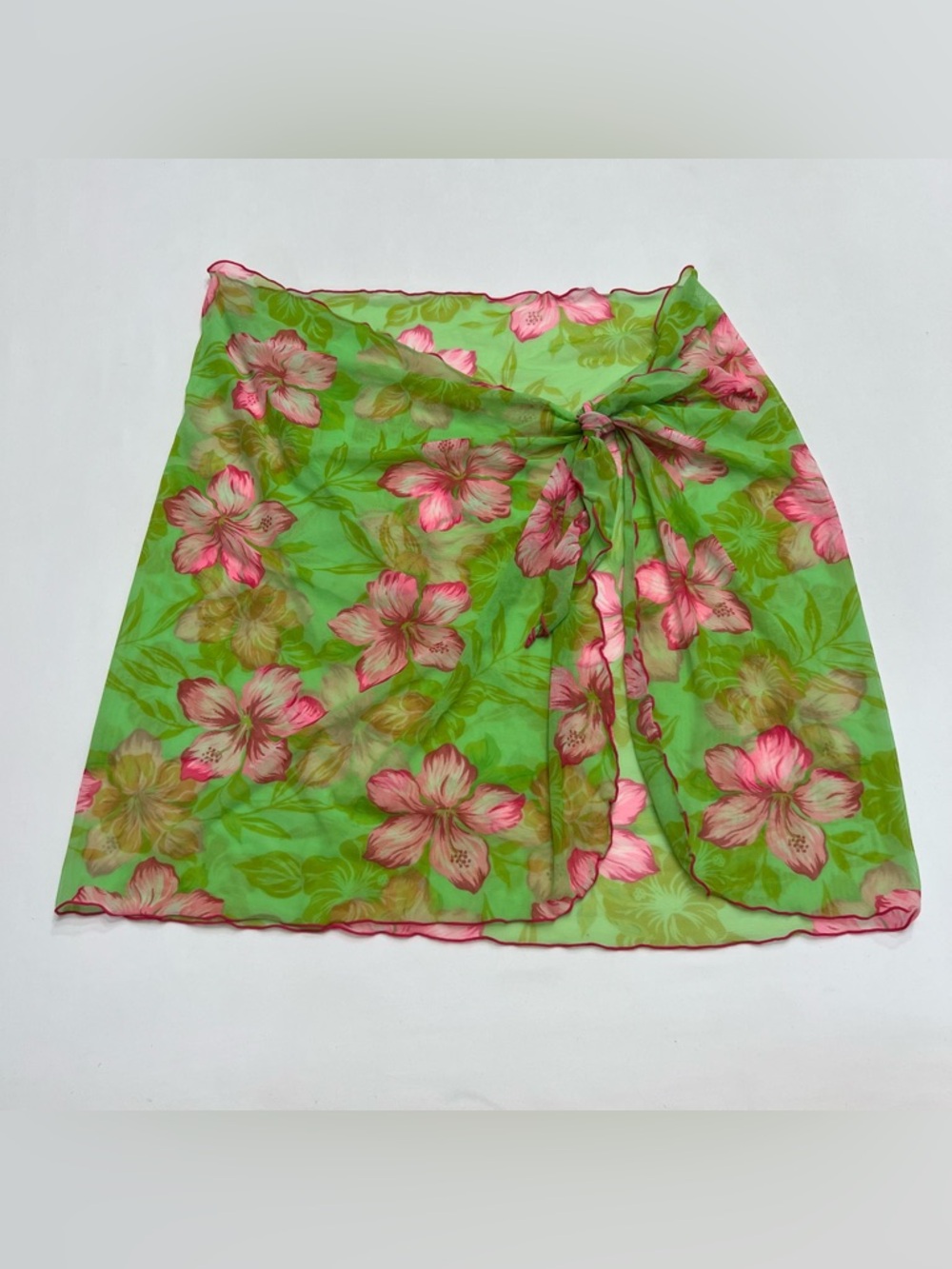 Vintage 90s Wrap Mini Skirt Cover Up XL Green Pink Hawaiian Floral Pool Beach